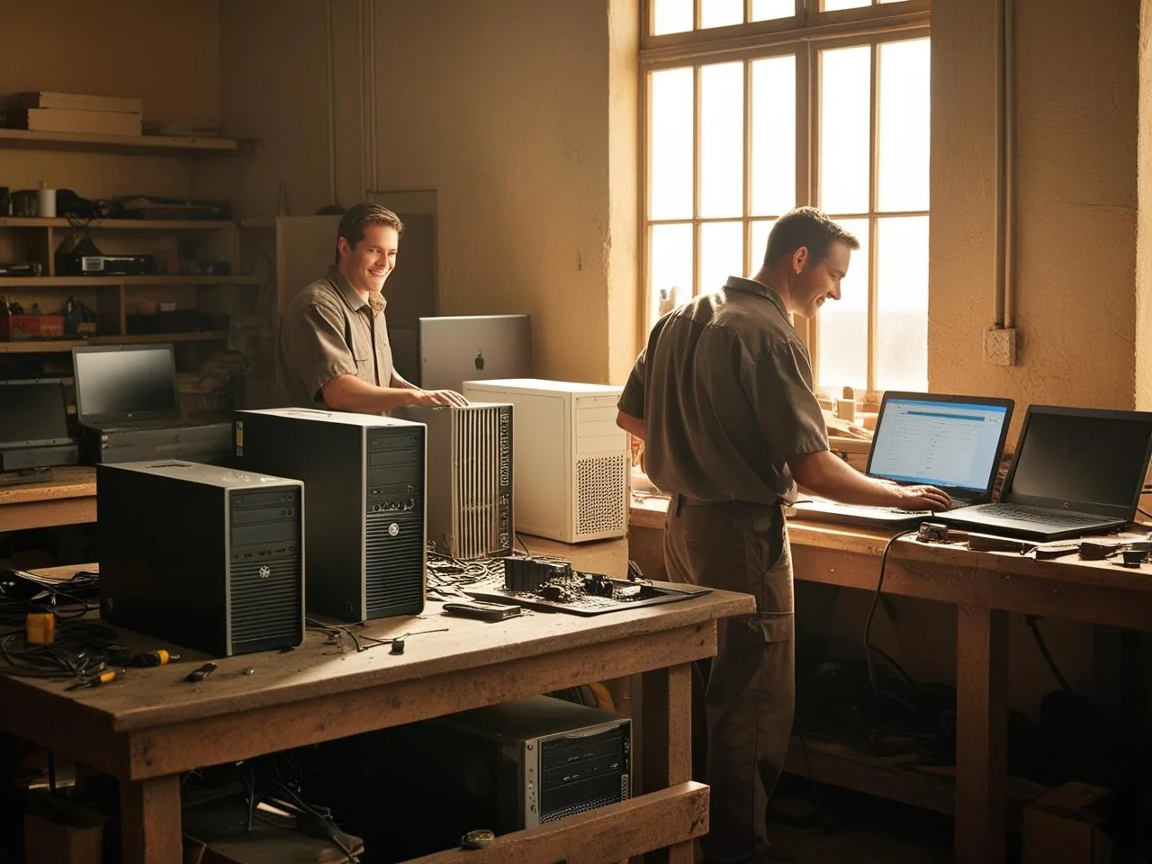 A local computer repair shop in Boca Raton with one or two casually dressed technicians performing hardware and software repairs in a warm, practical workspace with open computers and scattered tools.