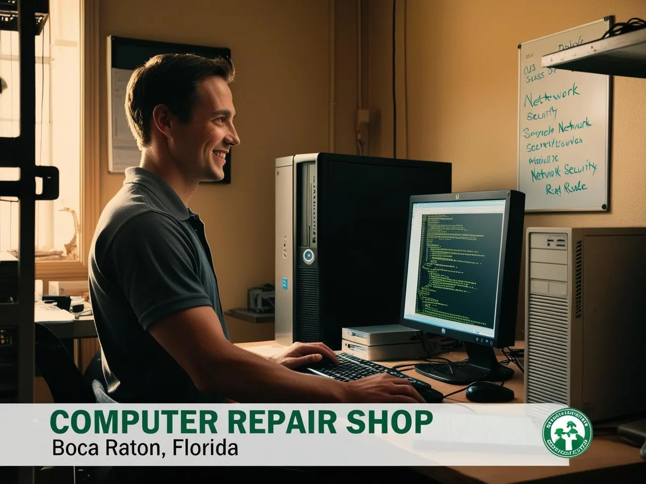 A local computer repair shop in Boca Raton with one technician working on a computer, surrounded by tools and cybersecurity-related equipment in a warm, modest workspace that feels real and trustworthy.