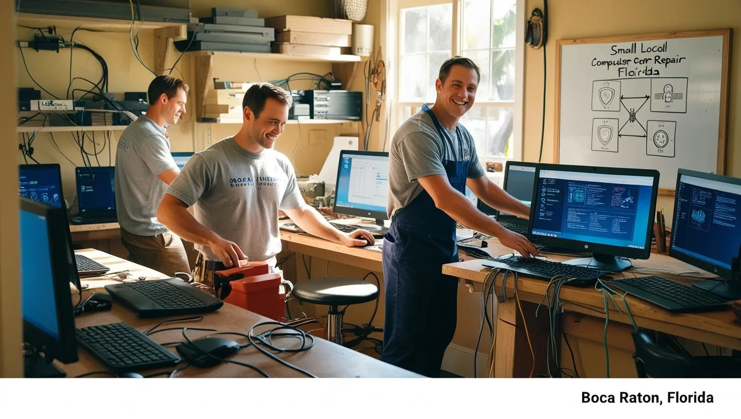 Local computer repair shop in Boca Raton with one or two casually dressed technicians working on hardware and providing IT support in a cozy, approachable space with tech tools and natural lighting.