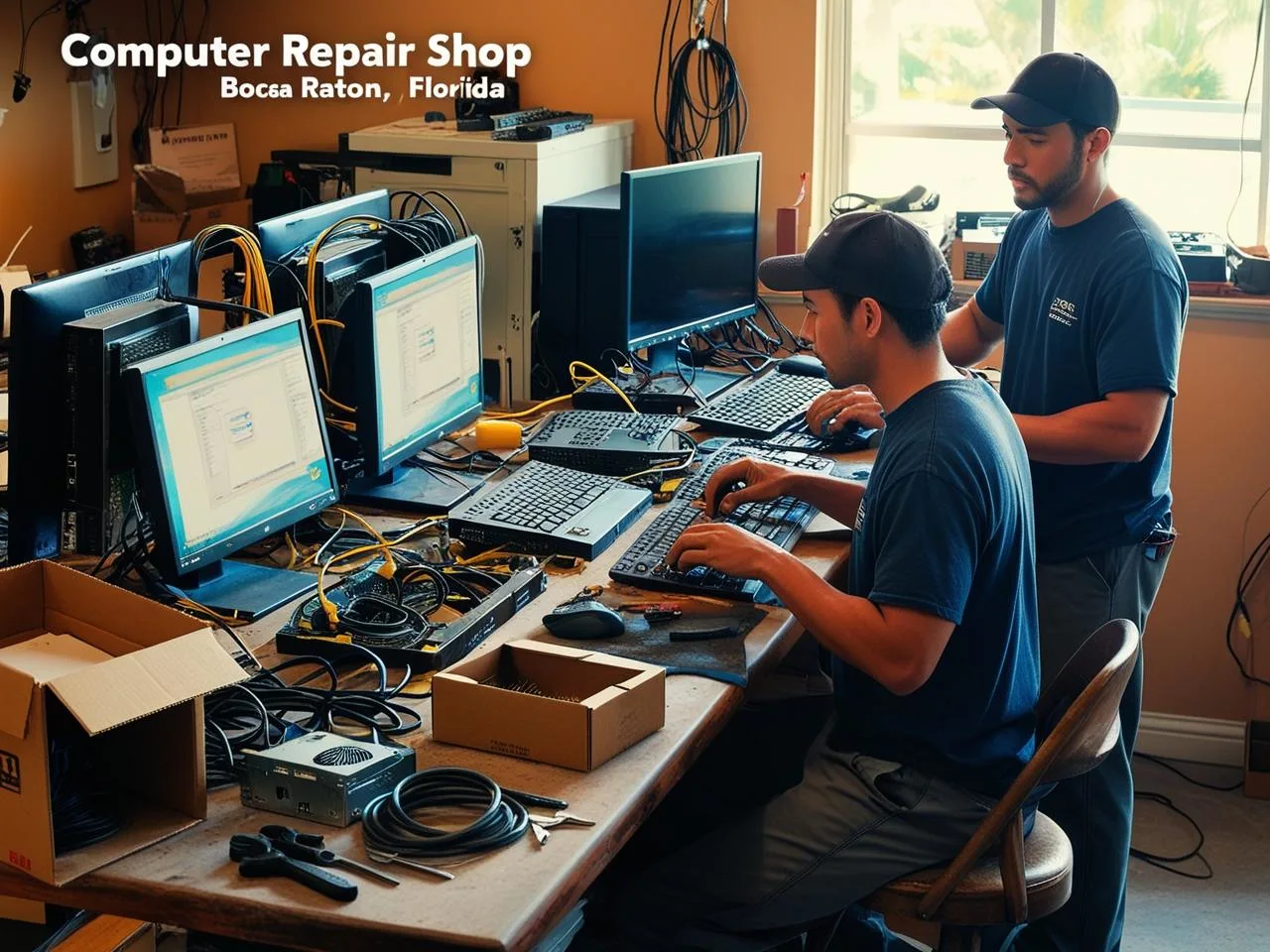 Local computer repair shop in Boca Raton with one or two technicians installing or replacing IT hardware like monitors or desktops in a realistic, approachable workspace with visible tools and wiring.